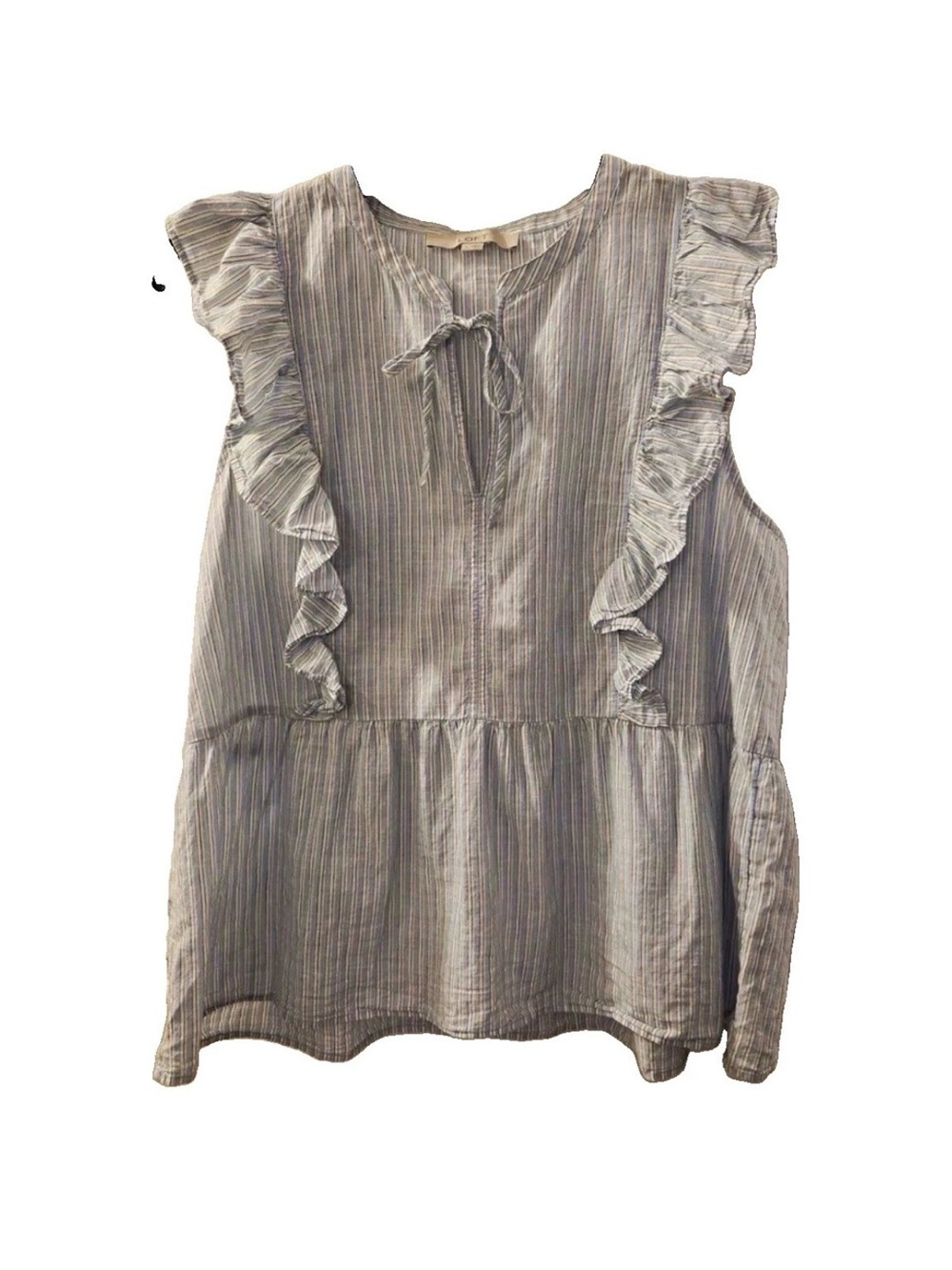 LOFT Light Blue Striped Ruffle Tie-Front Peplum Top